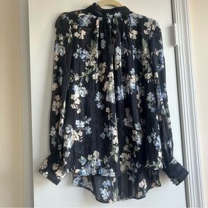 H&M Women’s Floral Sheer Long Sleeve Blouse Navy Blue Mock Neck Workwear Flowy